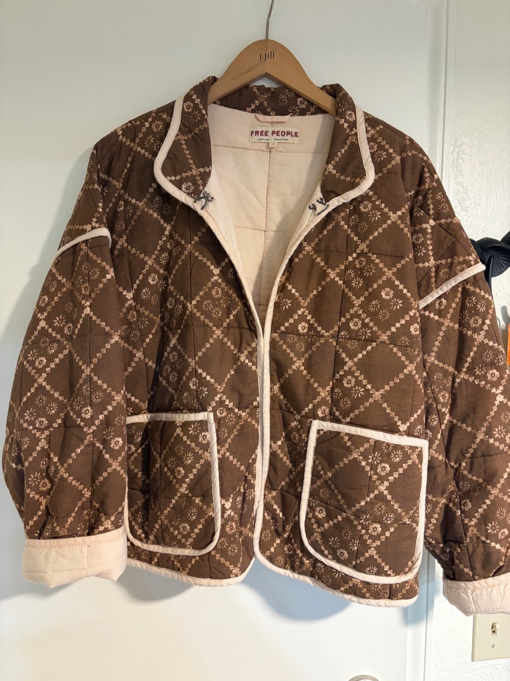 Free People Brown Quilted Floral Lattice Puffer Jacket with Cream Trim